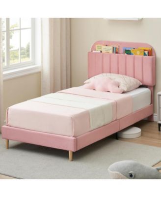Bed Frame with Storage Headboard Velvet Upholstered Platform Bedframe for Kids/Girl Bed Strong Wooden Slats Noise-Free Easy Assembly