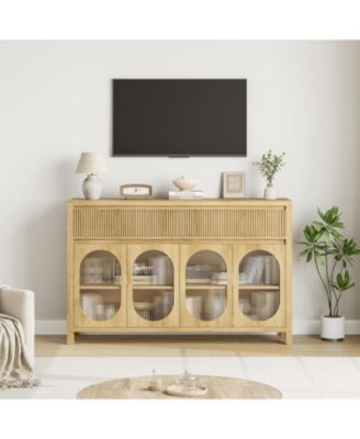 55" Large Sideboard Buffet Cabinet with Storage, 4 Glass Doors & Fluted Drawer Fronts, Beige/Khaki