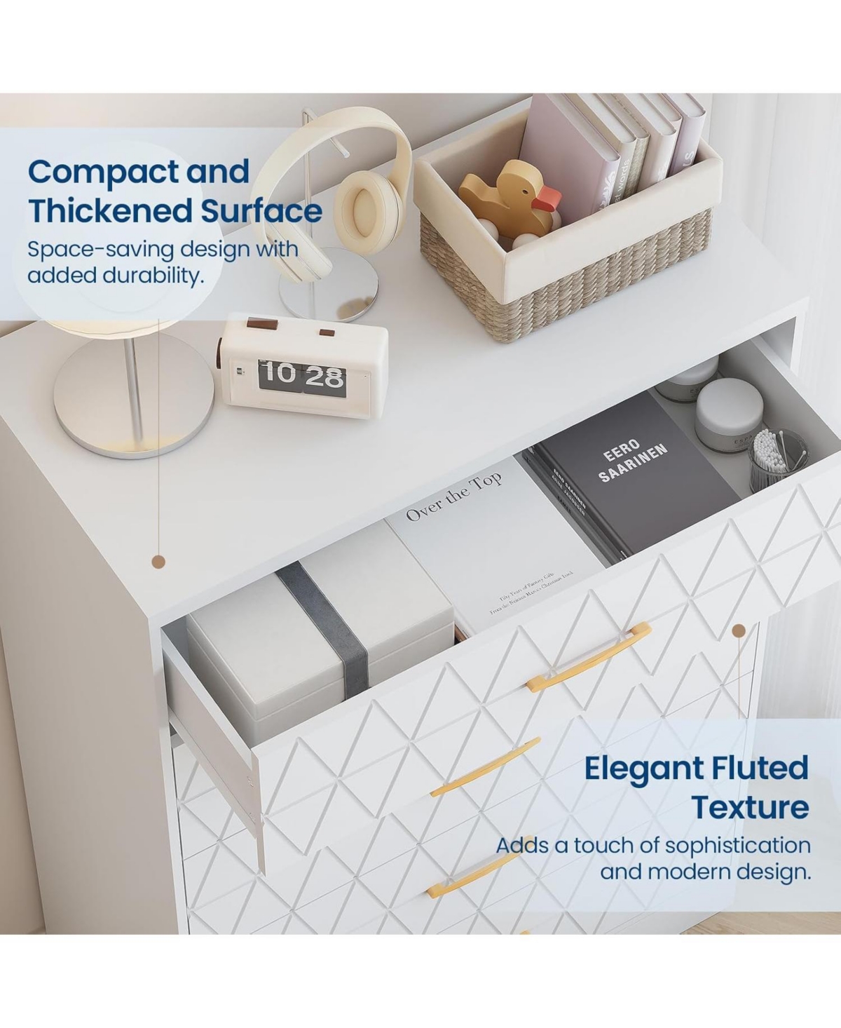 gaomon 5-Drawer Tall Dresser for Bedroom, Wooden Chest of Drawers with Gold Handles for Closet Storage, White