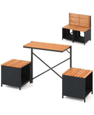 2-in-1 Outdoor Convertible Bench with Metal Frame PE Rattan Table and Chairs Set