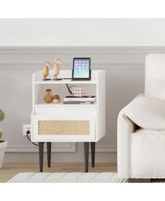Nightstand Set of 2, Rattan End Table with Charging Station, 2 Open Shelves Beside Table with Drawer and Solid Legs, White