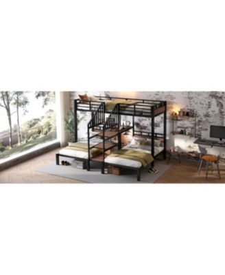 Triple Metal Bunk Bed with Shelves & Stairs