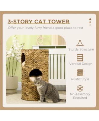 Cat Tower with Three Hideaways & Four Soft Plush Cushions in Brown