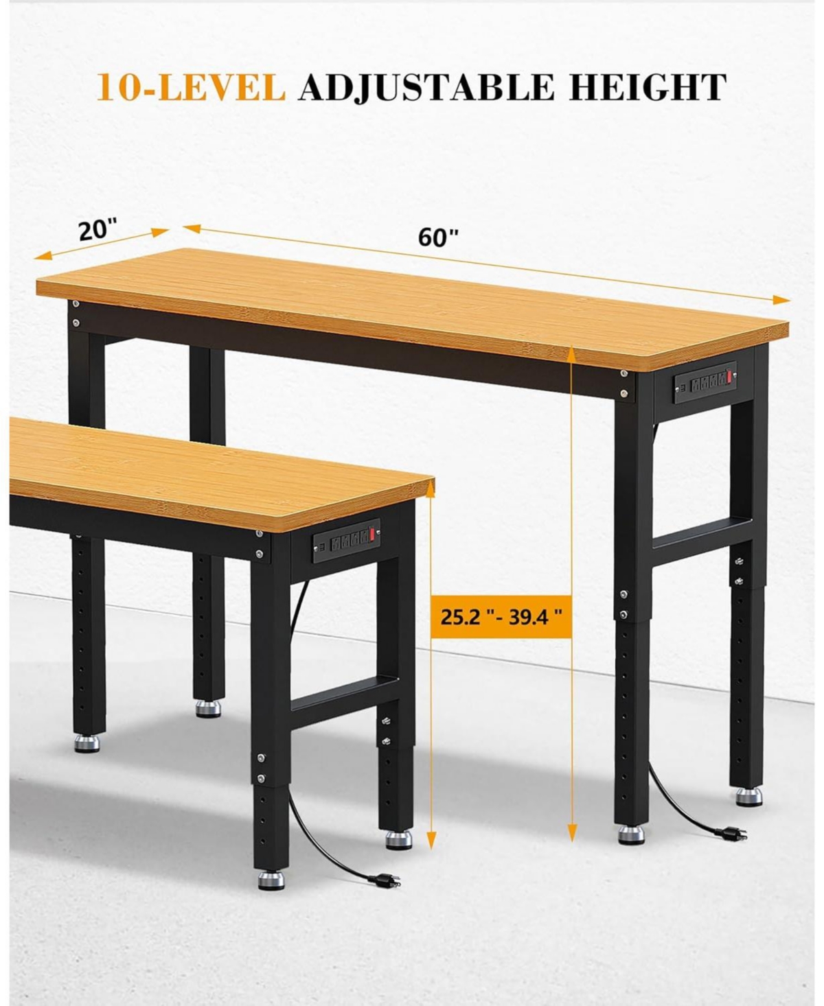 gaomon 60 Inch Work Bench, 2200 Lbs Capacity Solid Wood Top Garage Workbench, Adjust Height Work Table with Power Outlets & Sturdy Steel Frame