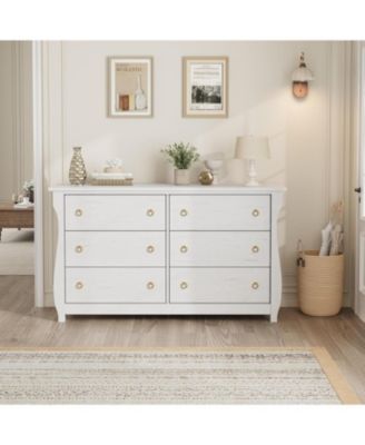6-Drawer Modern Wood Dresser with Golden Ring Pull Handles, Wide Storage Cabinet for Living Room, Entryway, Antique White