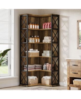 71 Inch Tall Corner Pantry, 5-Tier Industrial Corner Storage Shelf, Wood and Metal L-Shaped Kitchen Cabinet