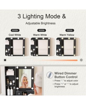 Vanity Table with LED Lights, Power, Hairdryer Holder & Stool - Black