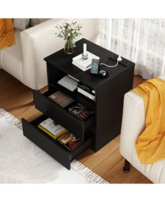 End Table with USB C Charging, 2 Drawers, Storage Cabinet - Black
