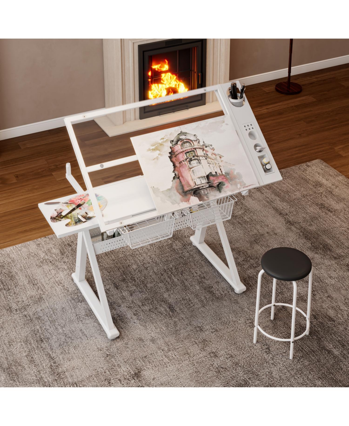 Streamdale Furniture Adjustable Tempered Glass Drafting Table with Chair & Storage