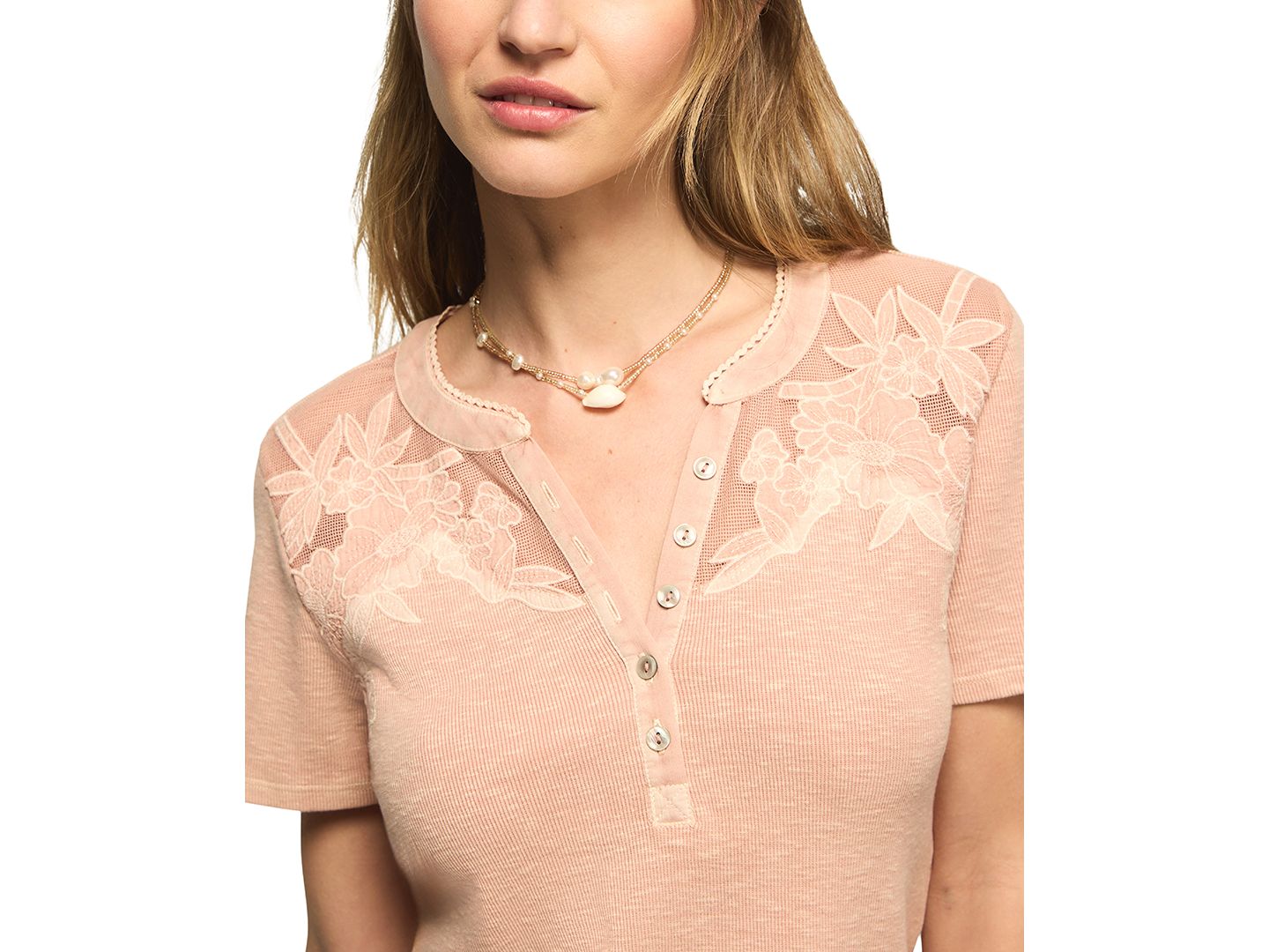 Женский топ Lucky Brand Short-Sleeve Cutwork Henley, цвет: Сепия розовый — фото 4