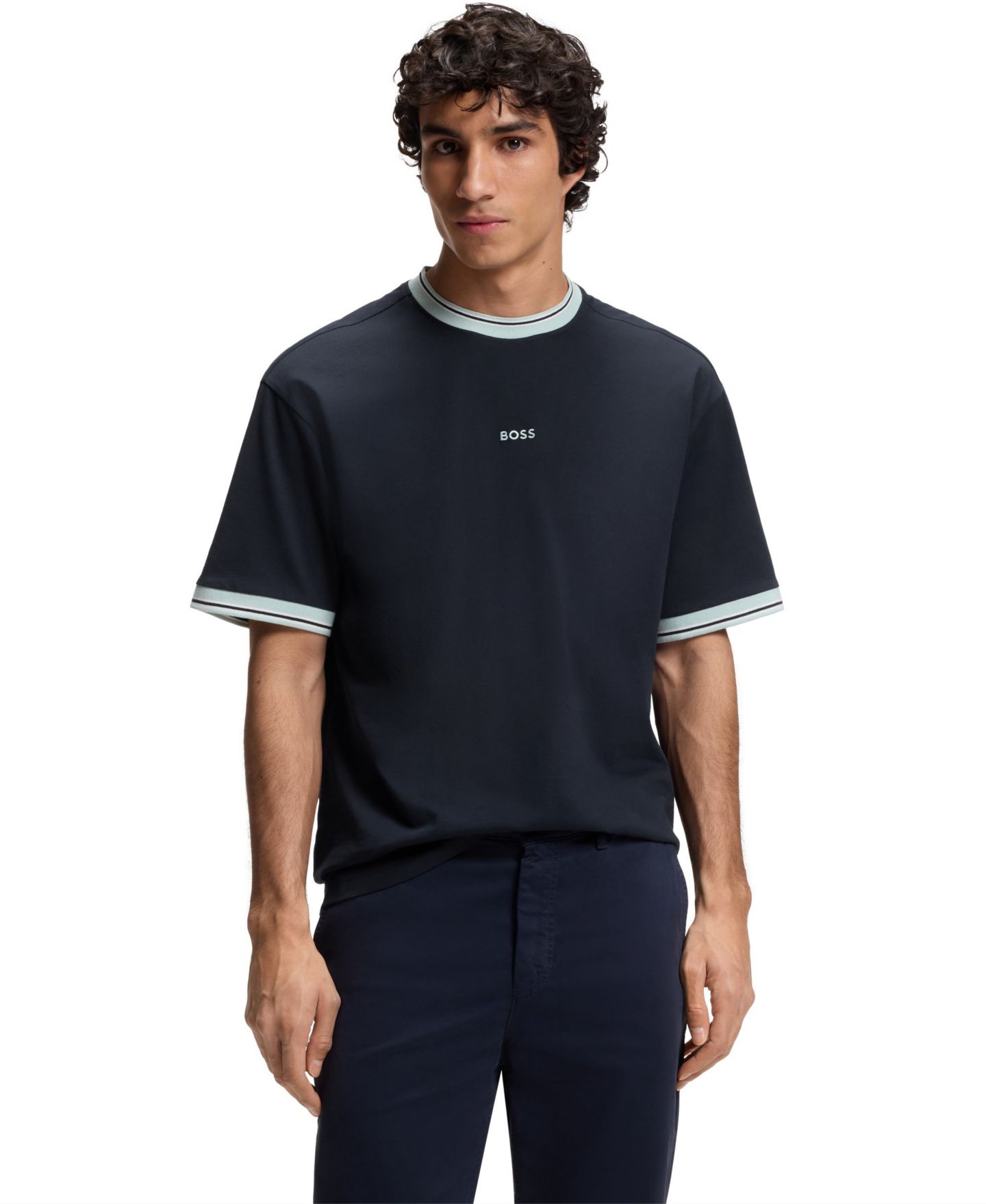 Мужская футболка Hugo Boss Cotton Striped Trim Relaxed-Fit, цвет: Тёмный синий — фото 1