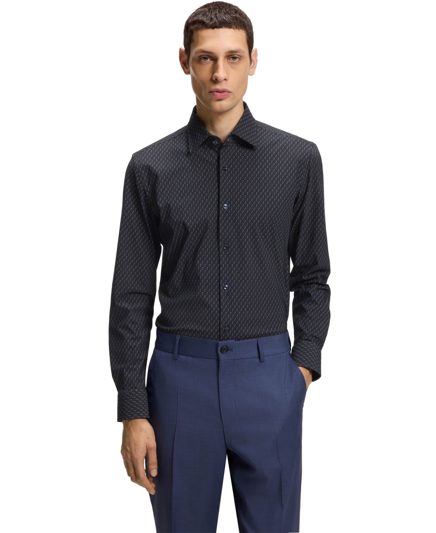 Мужская рубашка Hugo Boss Performance-Stretch Slim-Fit Dress Shirt, цвет: Тёмный синий — фото 1