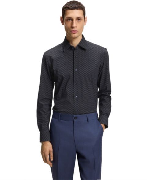 Мужская рубашка Hugo Boss Performance-Stretch Slim-Fit Dress Shirt, цвет: Тёмный синий