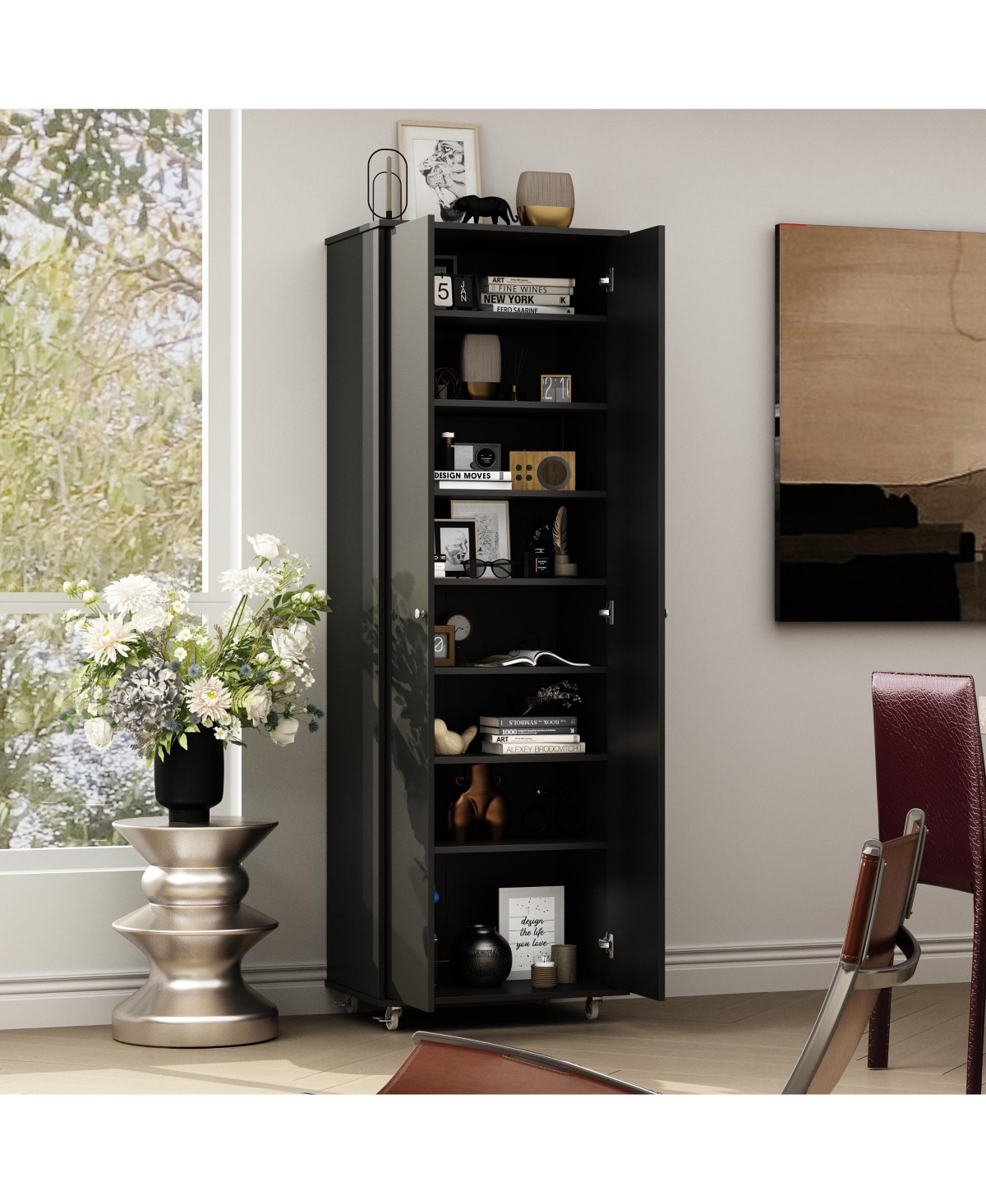 2-door shoe cabinet with Adjustable shelves, versatile storage, sturdy and durable, universal wheel design, four wheels, two brakes,black ra