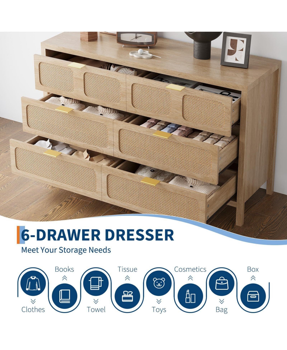 gaomon 6-Drawer Dresser, Rattan Storage Chest with Metal Handles & Wood Legs for Bedroom