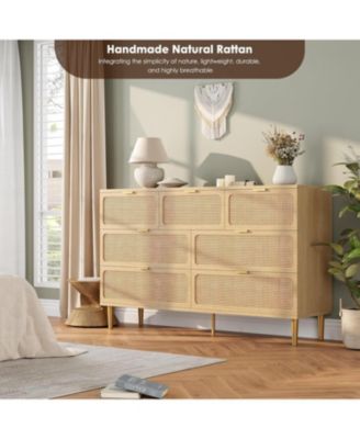 Rattan 7 Drawer Dresser for Bedroom, Tall Chest of Drawers with Deep Storage and Wide Top, Beige