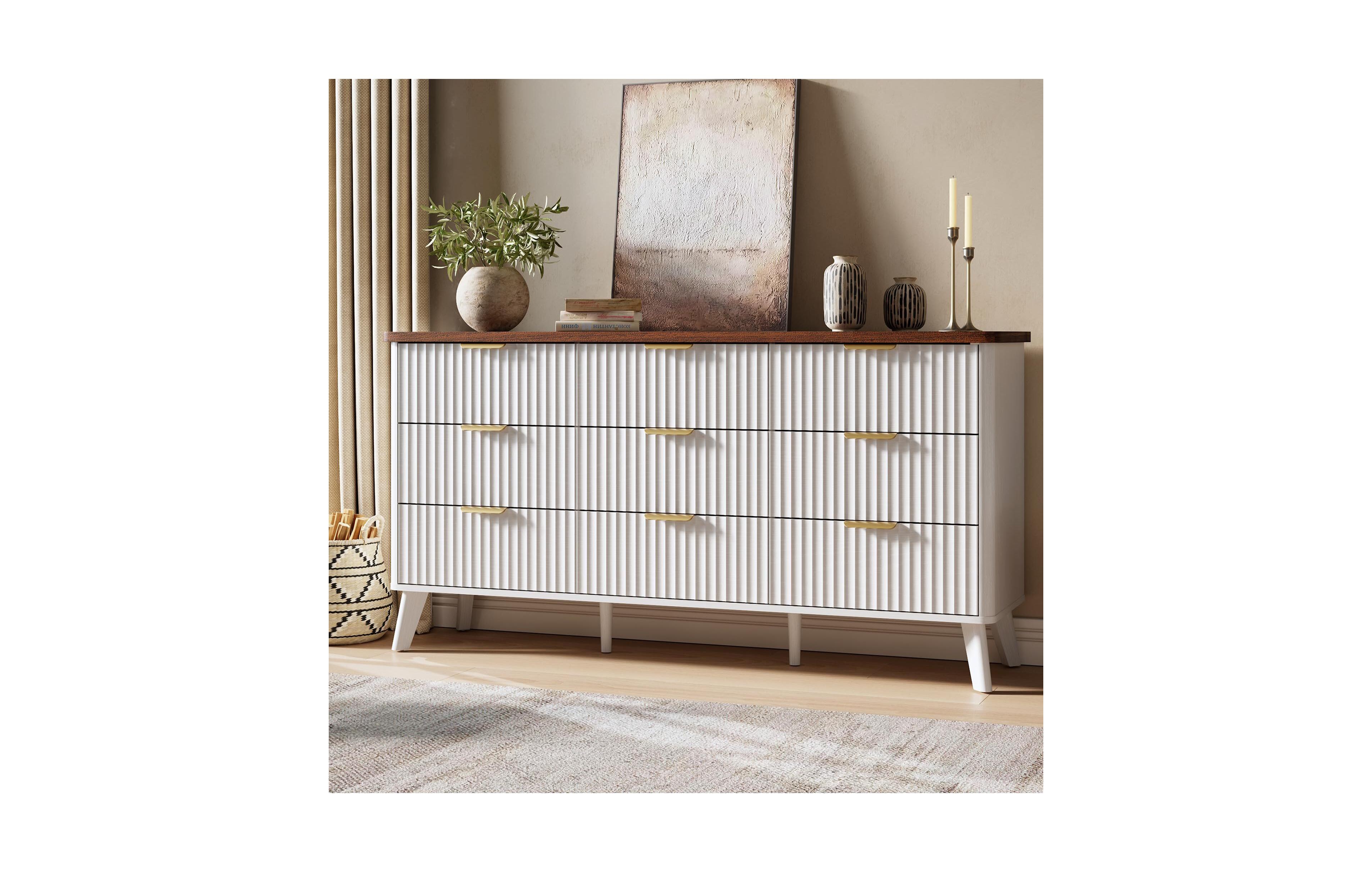 gaomon Fluted Dresser for Bedroom, 9 Deep Drawer Modern Wood Storage Chest, White