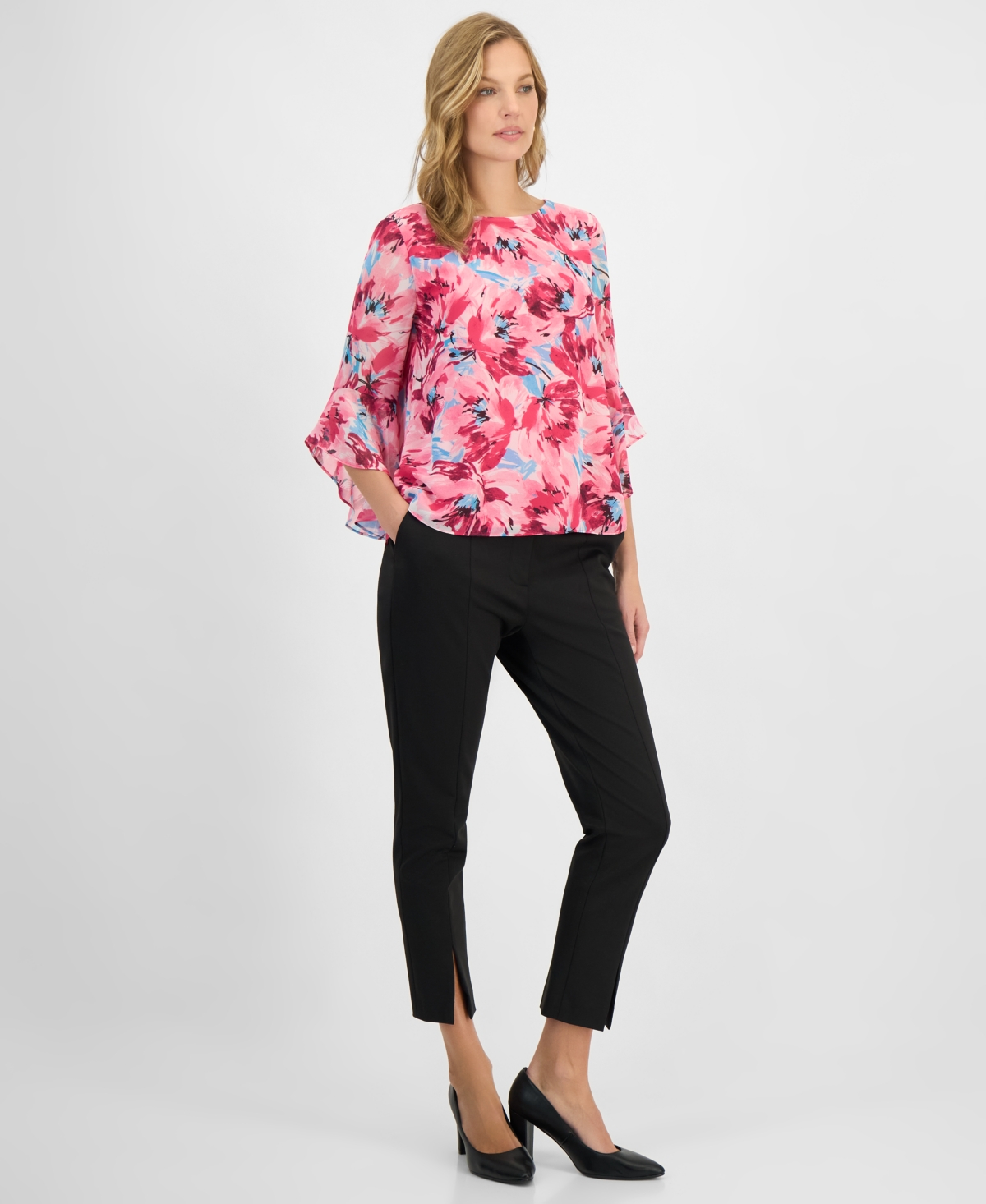 Kasper Women's Printed Ruffle-Sleeve Blouse