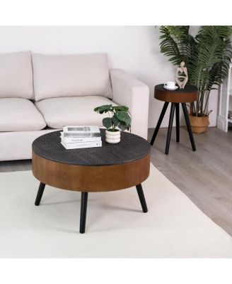 31.5" Round Carved Coffee Table with Storage - Mid-Century Modern (Brown/Black