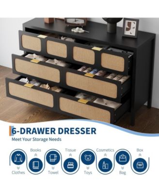 6-Drawer Dresser, Rattan Storage Chest with Metal Handles & Wood Legs for Bedroom, Black