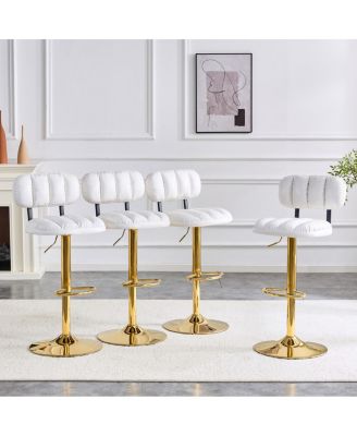Set of 2 White PU Leather Bar Stools with Gold Base & Footrest