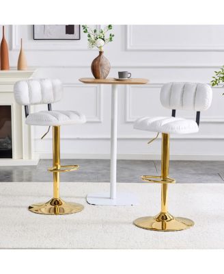 Set of 2 White PU Leather Bar Stools with Gold Base & Footrest