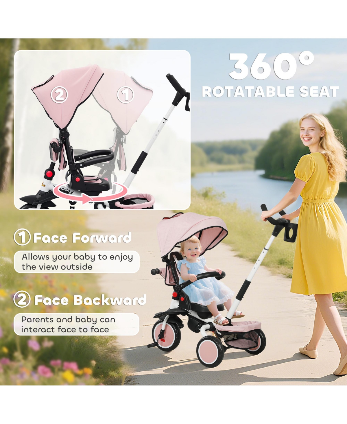 Qaba 6 in 1 Kids Tricycle with Adjustable Push Handle for 1-5 Years,