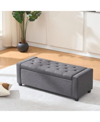 Storage Bench for End of Bed, Faux Linen Upholstered Ottoman with Arms