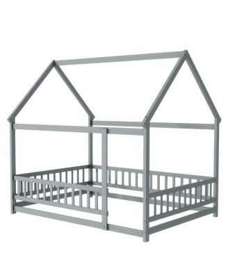 Full Size House Floor Wooden Bed with Roof Frame, Safety Guardrails