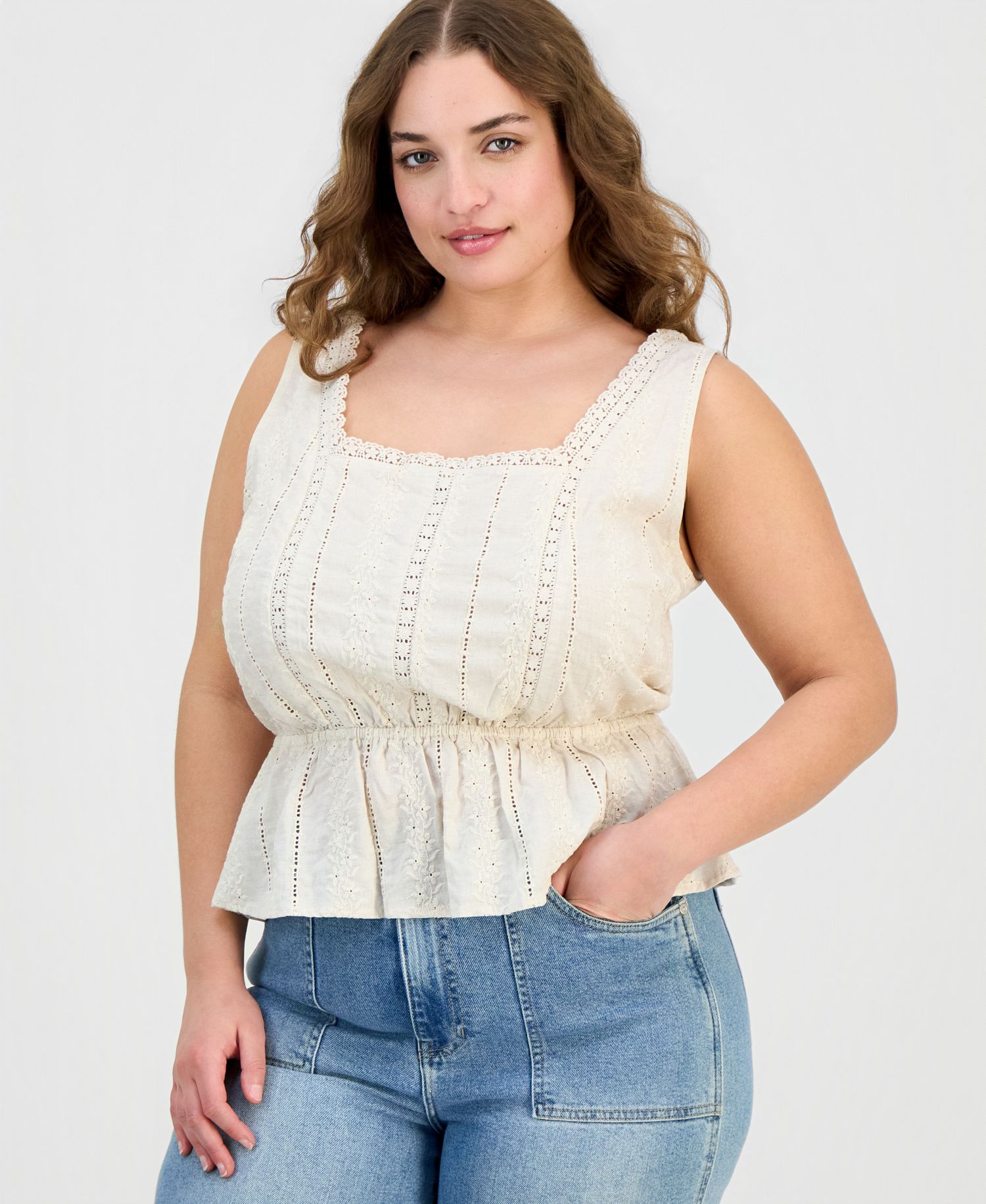Trendy Plus Size Embroidered Peplum Top