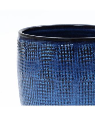 15.75-Inch Round Ceramic Planter, Deep Blue Glaze with Basket Texture
