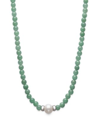 Cultured Freshwater Pearl & Dyed Green Jade Necklace in Sterling Silver