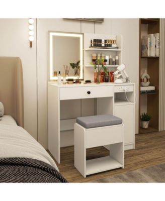 Vanity Desk Set with Mirror & Lights Power Outlet Cushioned Stool