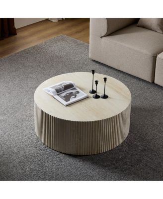 Faux travertine Round Coffee Table with Eye-Catching Relief Design, Travertine