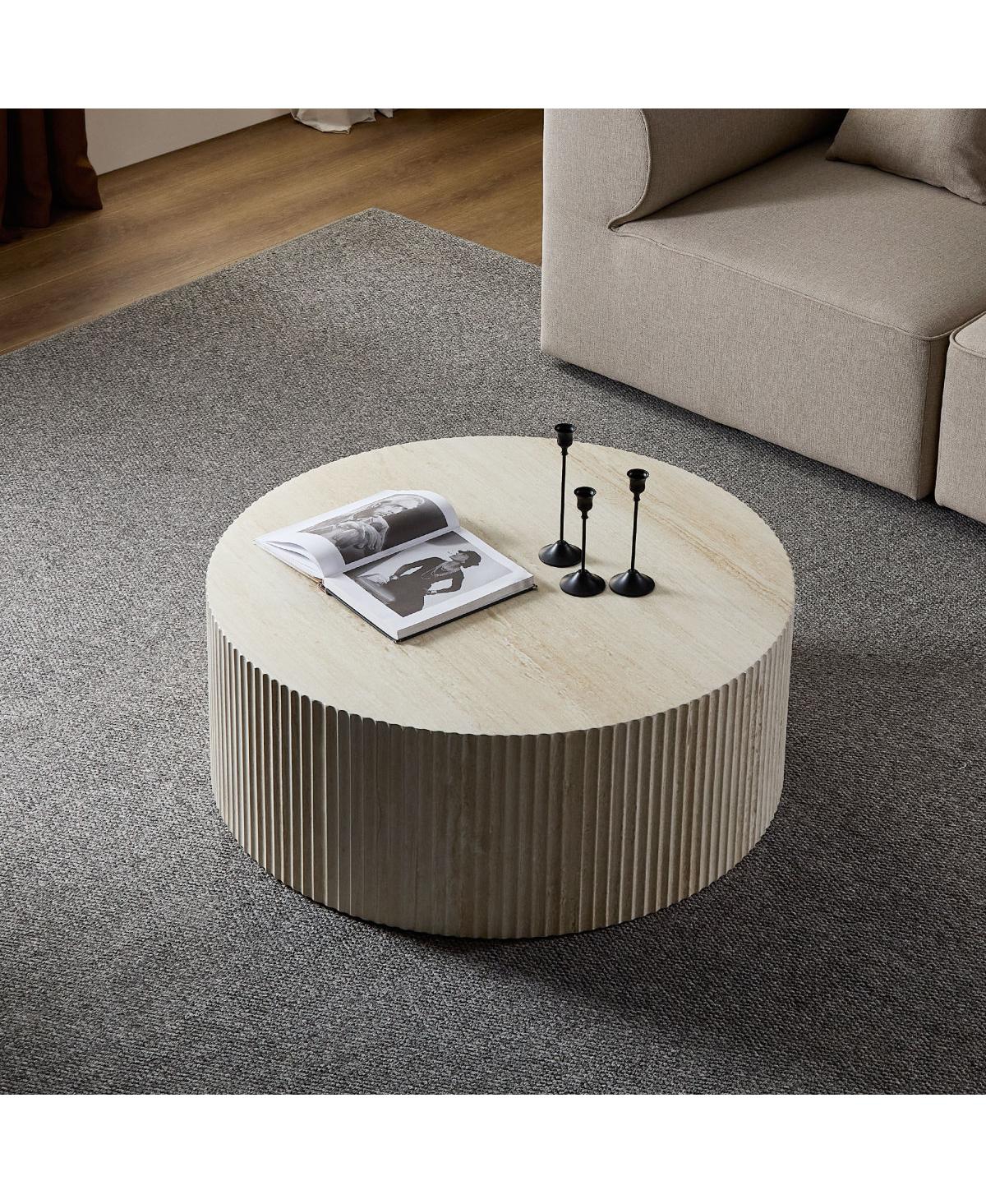 Streamdale Furniture Faux travertine Round Coffee Table with Eye-Catching Relief Design, Travertine