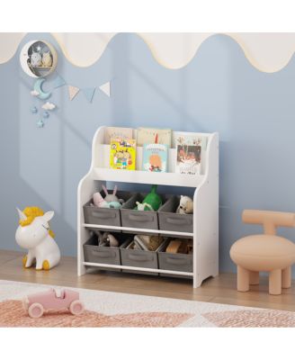 Kids Bookshelf with 6 Fabric Bins, Multi-Functional Bookcase & Toy Organizer - White/Gray