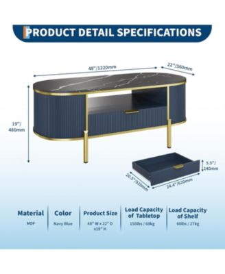 48" Oval Coffee Table with Fluted Design & Faux Marble Top, Modern Center Table with Drawers