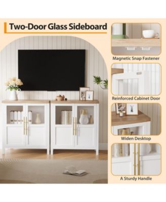 Sideboard Cabinet with 2 Glass Doors and Drawers, 29" Buffet with Solid Wood Top, White