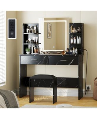Vanity Desk with Mirror and Lights, Makeup Vanity Set with Desk and Stool, Black