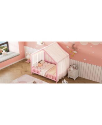 Montessori Floor Bed with Canopy, Full Size House Shape Toddler Bed Frame