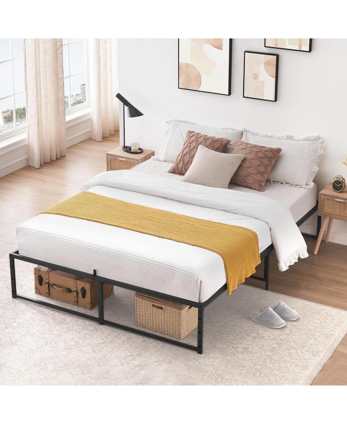 gaomon Metal Platform Bed Frame with Storage, Heavy Duty Bed Frame, Noise Free Mattress Frame with Strong Support Slats for Bed