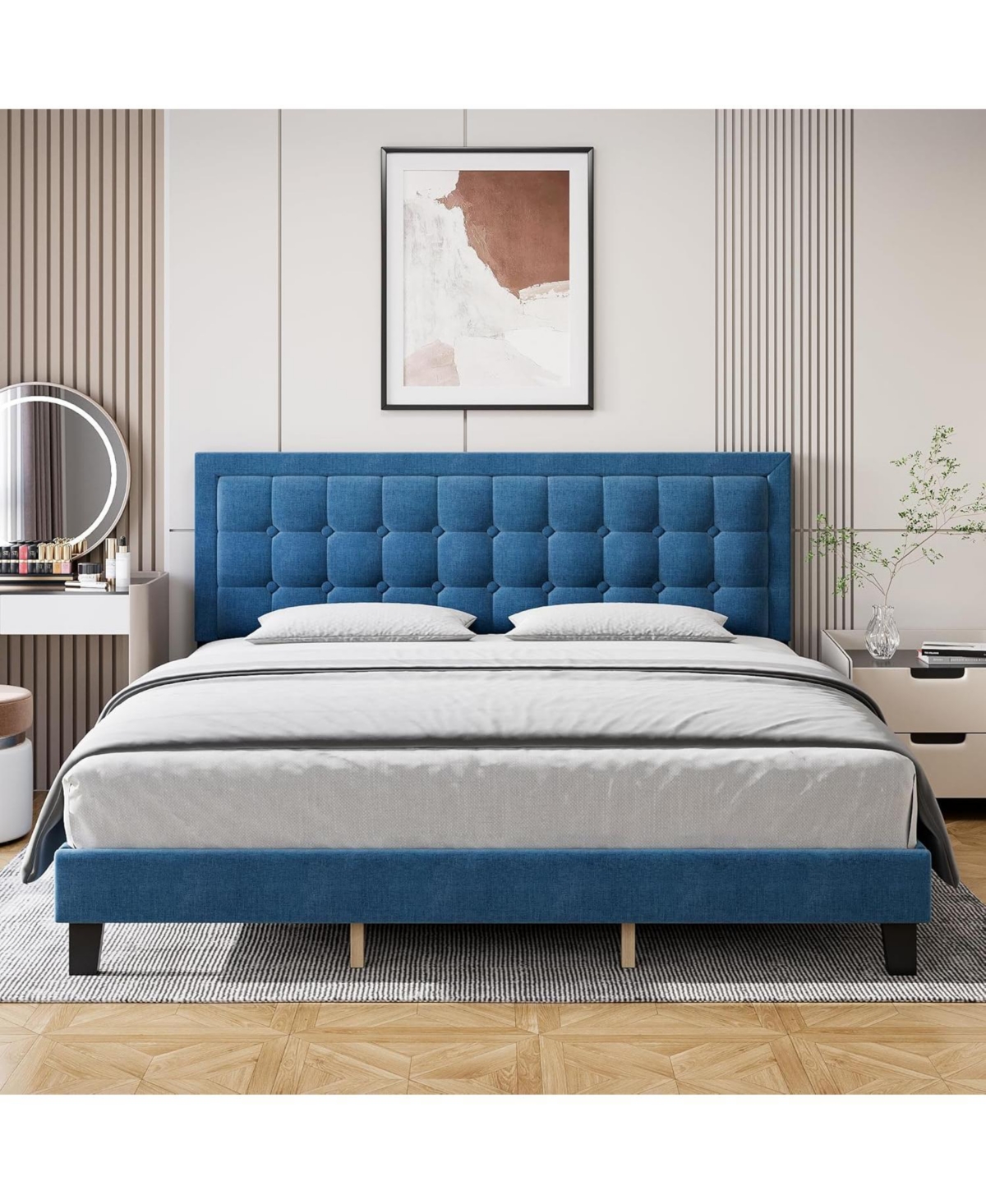 gaomon Bed Frame with Upholstered Button Tufted Headboard - Blue Bed Frame with Wood Slat Support, No Box Spring Needed