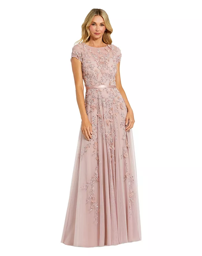 Women's Floral Embellished Short Sleeve Mesh Gown