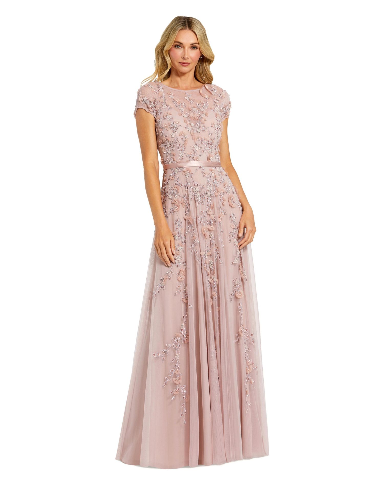 Women's Floral Embellished Short Sleeve Mesh Gown