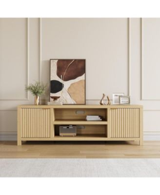 Fluted TV Stand for 80 Inch TV, Modern Entertainment Center with Storage & Gold Handles, Beige/Khaki