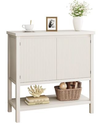 Farmhouse Console Table with Storage, Entryway Sofa Table with Fluted Door Cabinet, White