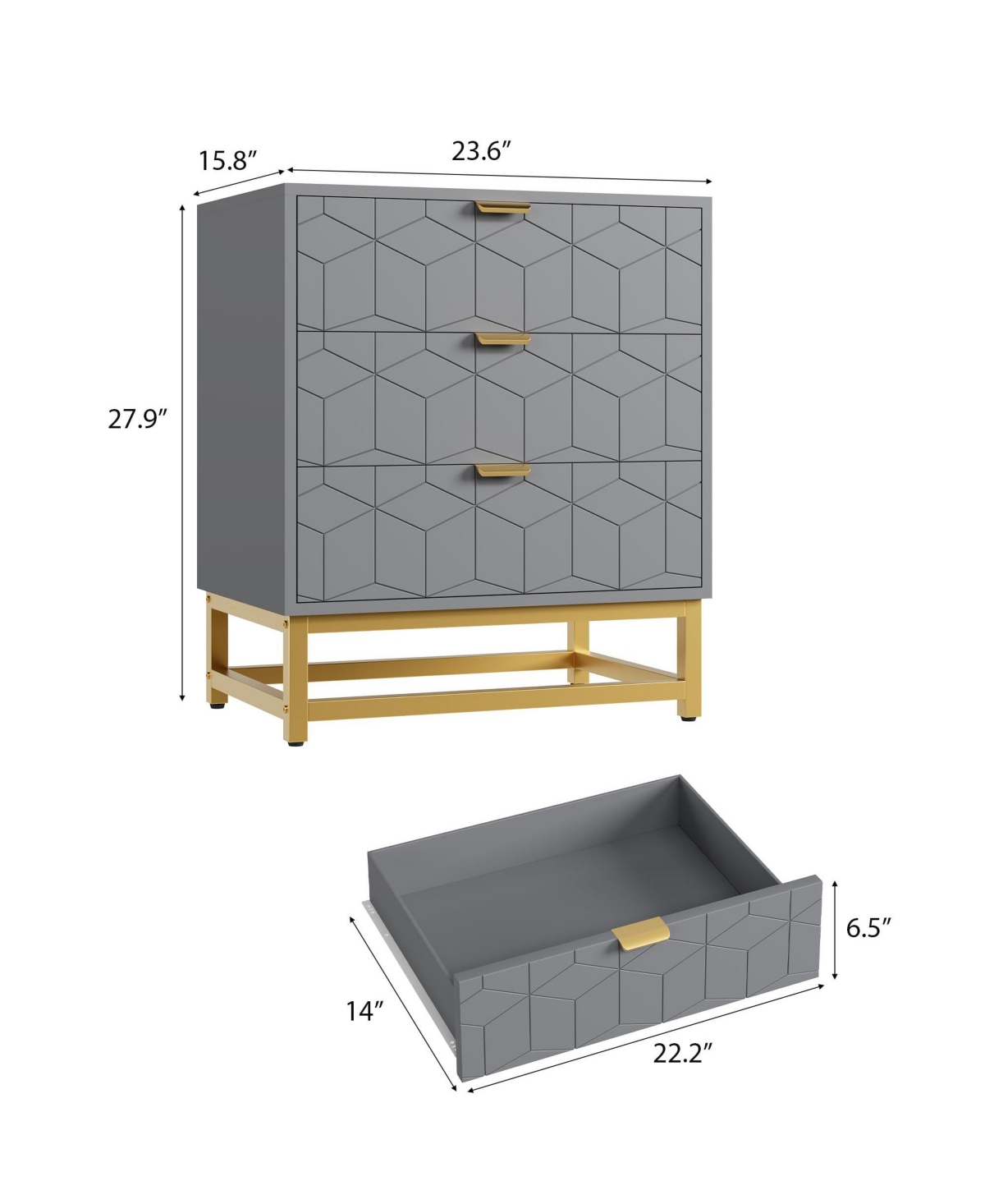 gaomon 3 Drawer Dresser with Metal Legs, Wood Storage Chest Organizer for Bedroom, Living Room, Hallway, Grey