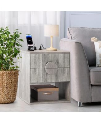 Nightstand Set of 2 with Charging Station, Fluted 2-Drawer End Tables with Open Storage for Bedroom, Grey