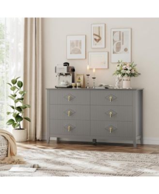 54" Wide Fluted Dresser, 6 Drawer Modern Wood Storage Chest for Bedroom or Entryway, Grey