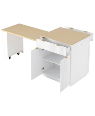 Fluted Kitchen Island with Extendable Dining Table, Power Outlet & Storage